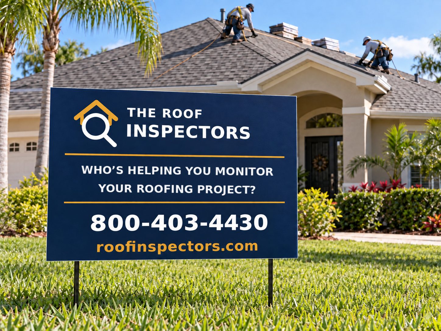 The Roof Inspectors yard sign in front of a home while roofers install a new roof